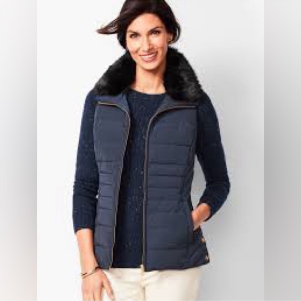 Talbots Dark Blue Vest with Black Faux Fur Collar down filled xs